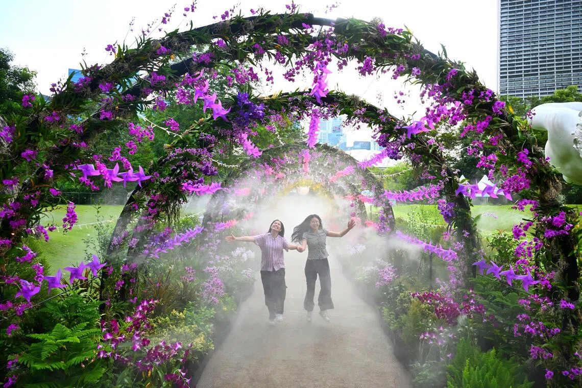 Two young visitors at the Floral Vortex at the Singapore Garden Festival on July 2.