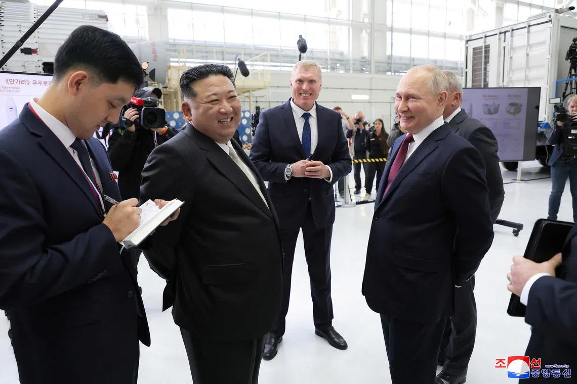 FILE PHOTO: North Korean leader Kim Jong Un meets Russia's President Vladimir Putin at the Vostochny ?osmodrome in the Amur Oblast of the Far East Region, Russia, September 13, 2023 in this image released by North Korea's Korean Central News Agency.   KCNA via REUTERS/File Photo