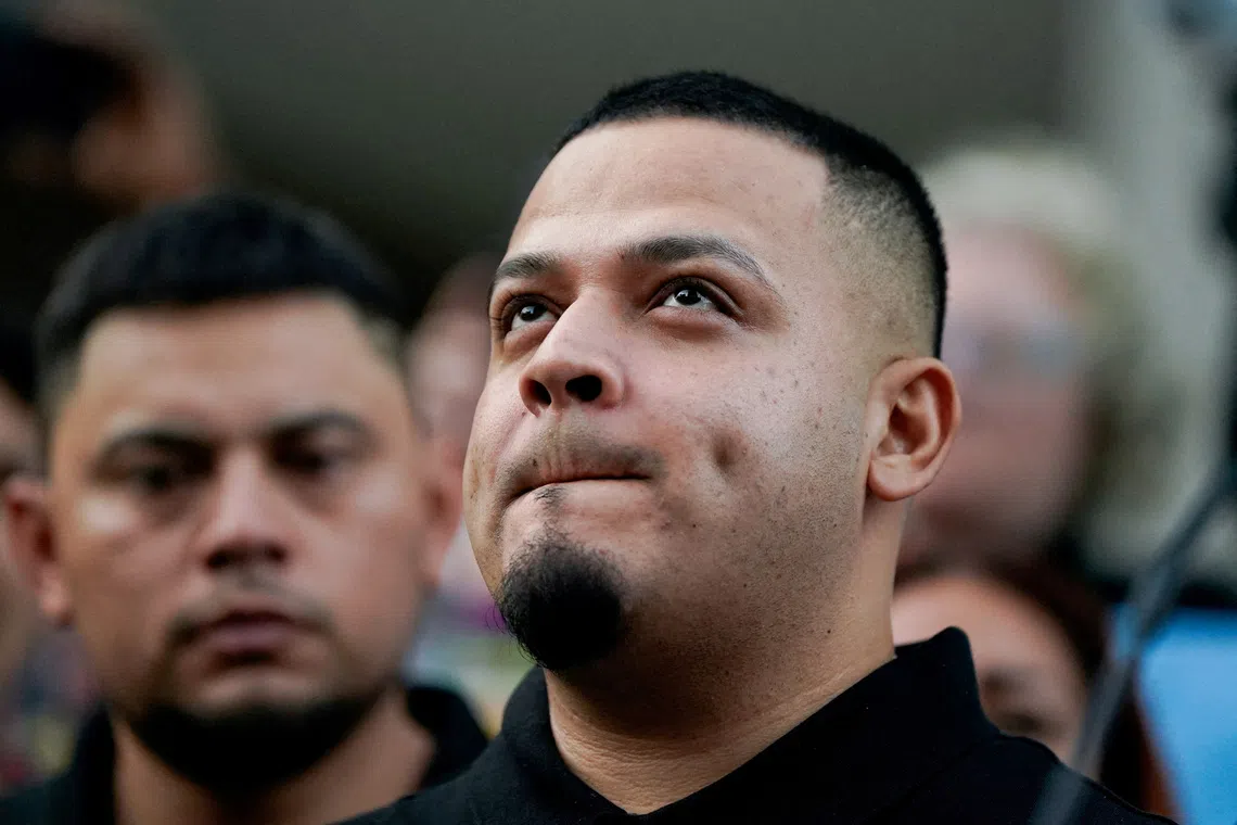 FILE PHOTO: Kilmar Abrego, the migrant whose wrongful deportation to El Salvador made him a symbol of U.S. President Donald Trump's aggressive immigration policies, appears for a check-in at the ICE Baltimore field office three days after his release from criminal custody in Tennessee, in Baltimore, Maryland, U.S., August 25, 2025.  REUTERS/Elizabeth Frantz/File Photo