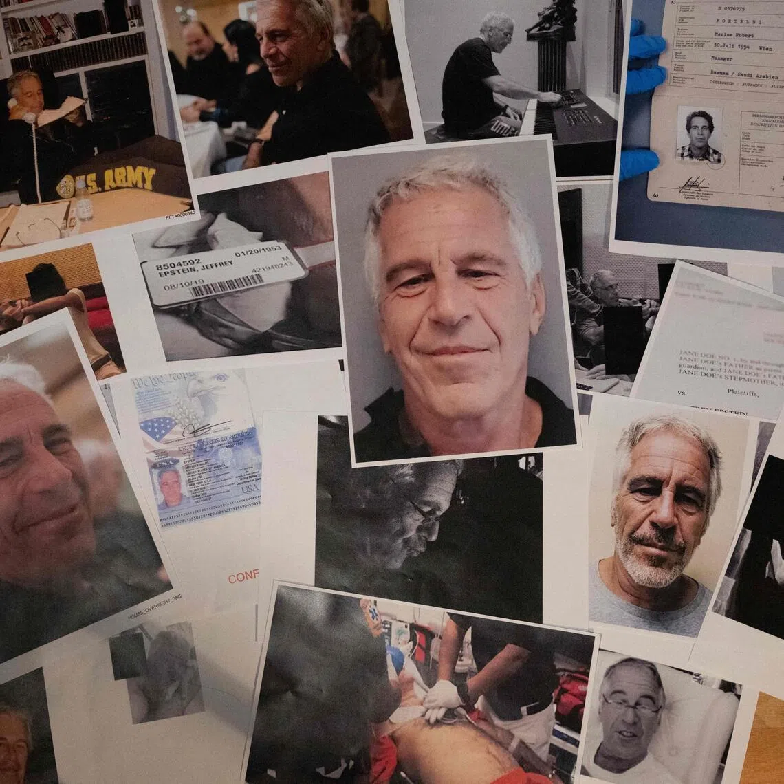 This photograph taken in Le-Perreux-sur-Marne, outside Paris on February 9, 2026 shows undated pictures provided by the US Department of Justice on January 30, 2026 as part of the Jeffrey Epstein files. US authorities on January 30, 2026, released the latest cache of files related to the investigation into the late conviceted sex offender Jeffrey Epstein. The files contained references to numerous high-profile figures. (Photo by Martin BUREAU / AFP)