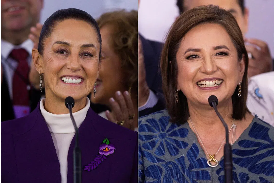 FILE PHOTO: Combination picture of file photos shows presidential candidate of the ruling MORENA party Claudia Sheinbaum (L) and Xochitl Galvez, the presidential candidate of the 'Fuerza y Corazon por Mexico', an alliance of opposition parties, at the last presidential debate at Tlatelolco University Cultural Center in Mexico City, Mexico, May 19, 2024. REUTERS/Quetzalli Nicte-Ha/File Photo