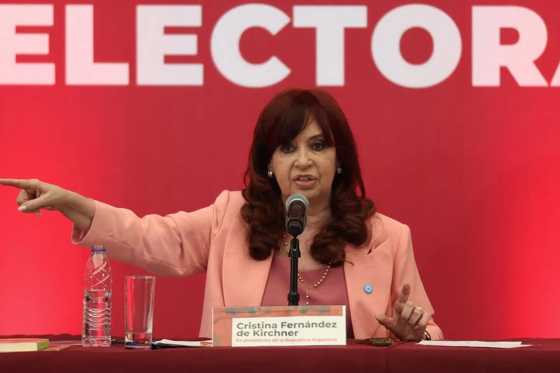 FILE PHOTO: Argentina’s former president Cristina Fernandez de Kirchner gives her speech during the event named \"Political and Electoral Reality of Latin America\" organized by MORENA party, in Mexico City, Mexico August 3, 2024. REUTERS/Luis Cortes/File Photo