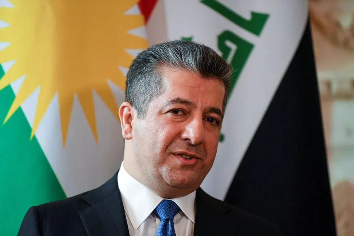 FILE PHOTO: Iraqi Kurdistan Regional Government Prime Minister Masrour Barzani reacts during his meeting with British Prime Minister Boris Johnson (unseen) inside 10 Downing Street in London, Britain April 19, 2022. Daniel Leal/Pool via REUTERS/File Photo