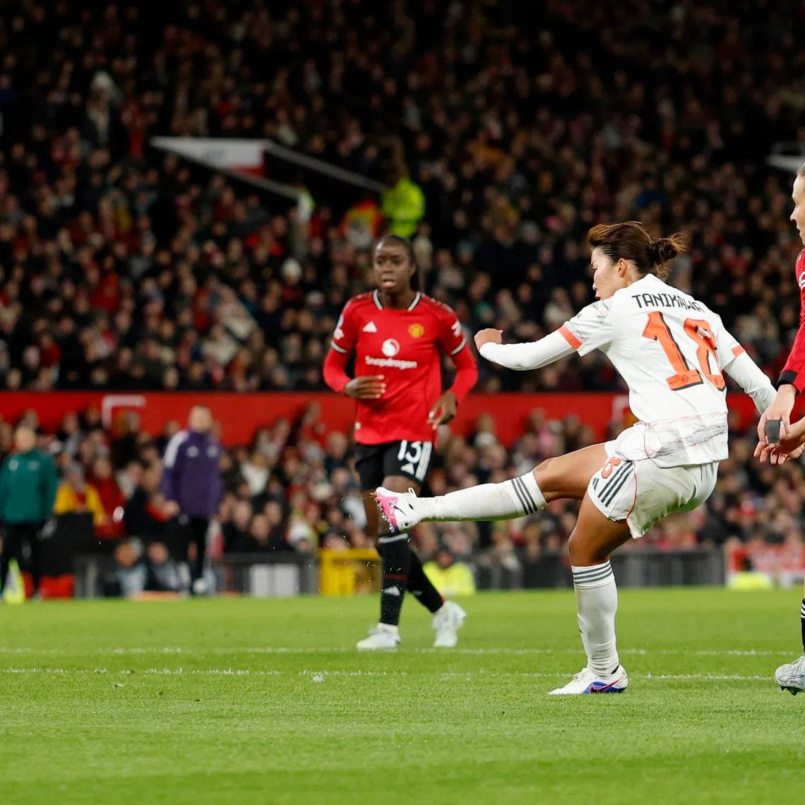 Soccer Football - UEFA Women's Champions League - Quarter Finals - First Leg - Manchester United v Bayern Munich - Old Trafford, Manchester, Britain - March 25, 2026 Bayern Munich's Momoko Tanikawa scores their third goal Action Images via Reuters/Jason Cairnduff