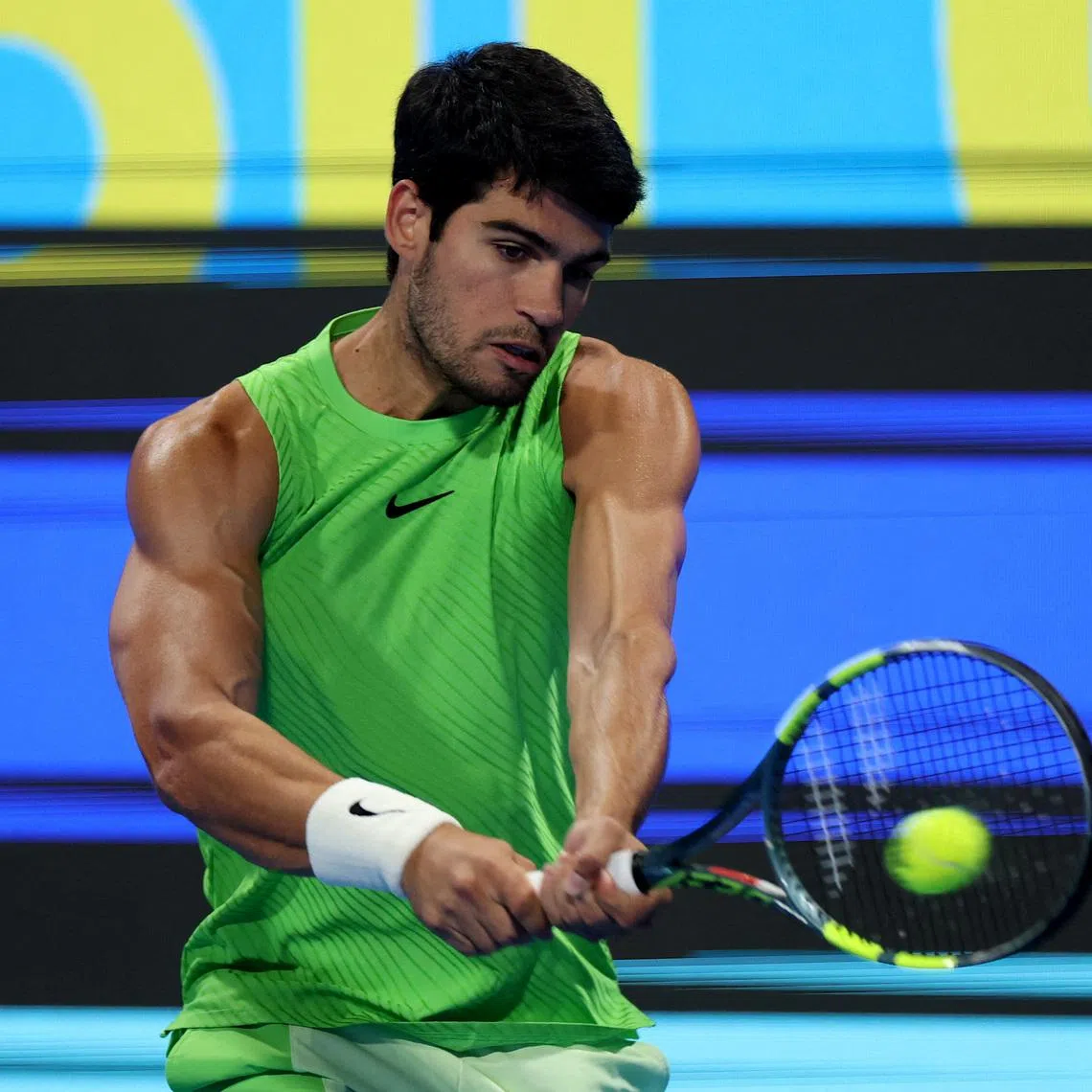 Tennis - Qatar Open - Khalifa International Tennis and Squash complex, Doha, Qatar - February 21, 2026 Spain's Carlos Alcaraz in action during the final match against France's Arthur Fils REUTERS/Mohammed Salem