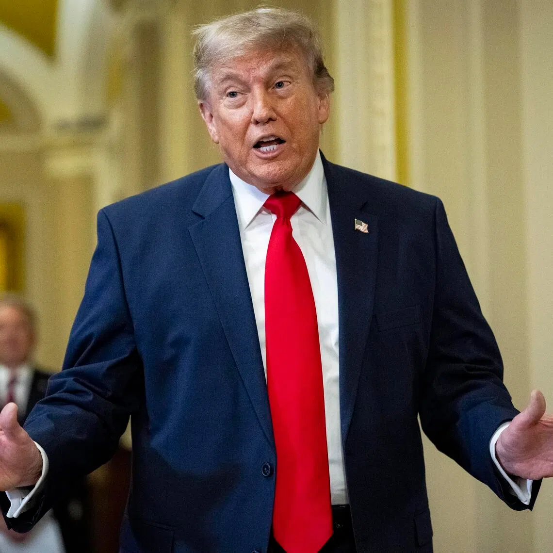 epa13061504 US President Donald J. Trump speaks as he arrives for a Senate Republican luncheon meeting, at the US Capitol in Washington, DC, USA, 24 June 2026. Before attending the meeting with Senate Republicans, President Trump abruptly cancelled a signing ceremony for a housing bill and instead demanded passage of a separate bill to tighten voter registration rules.  EPA/GRAEME SLOAN