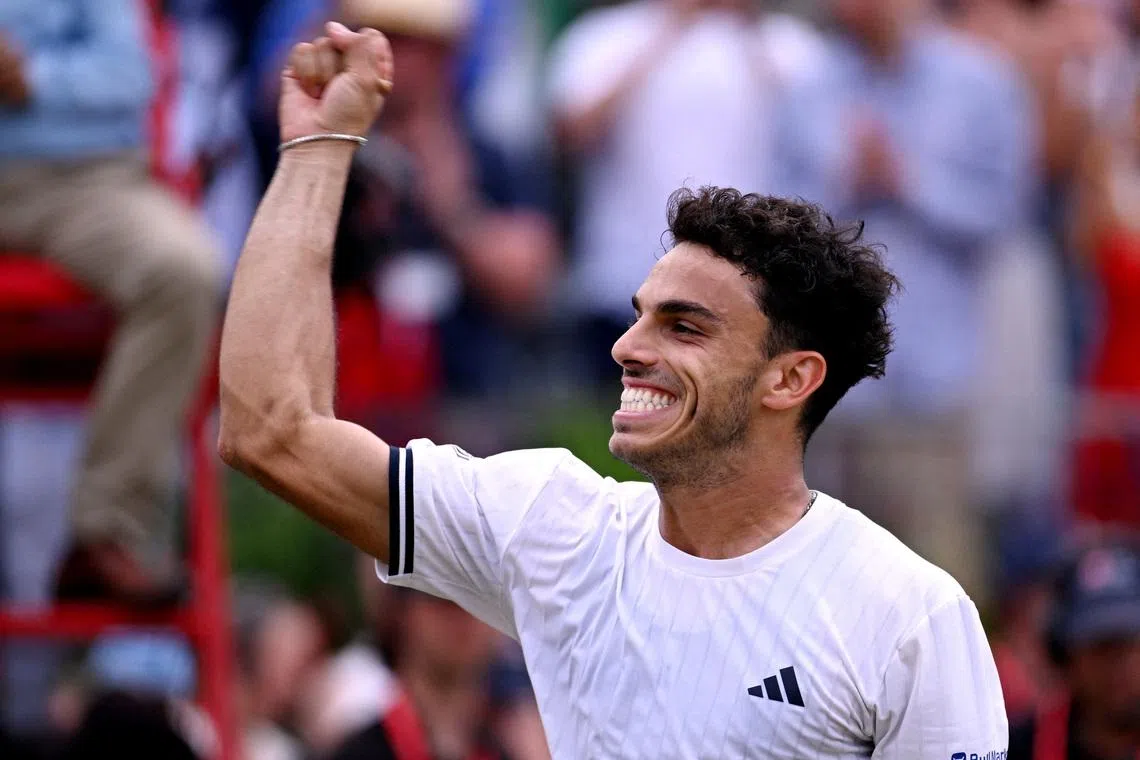 Tennis - Queen's Club Championships - Queen's Club, London, Britain - June 20, 2026 Argentina's Francisco Cerundolo celebrates winning his semi final match against Brandon Nakashima of the U.S. REUTERS/Jaimi Joy