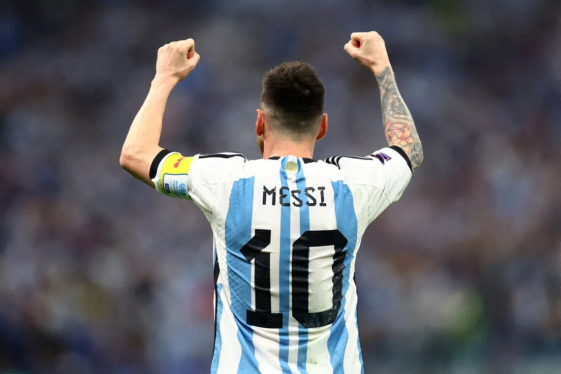FILE PHOTO: Soccer Football - FIFA World Cup Qatar 2022 - Semi Final - Argentina v Croatia - Lusail Stadium, Lusail, Qatar - December 13, 2022 Argentina's Lionel Messi celebrates scoring their first goal REUTERS/Carl Recine/File Photo