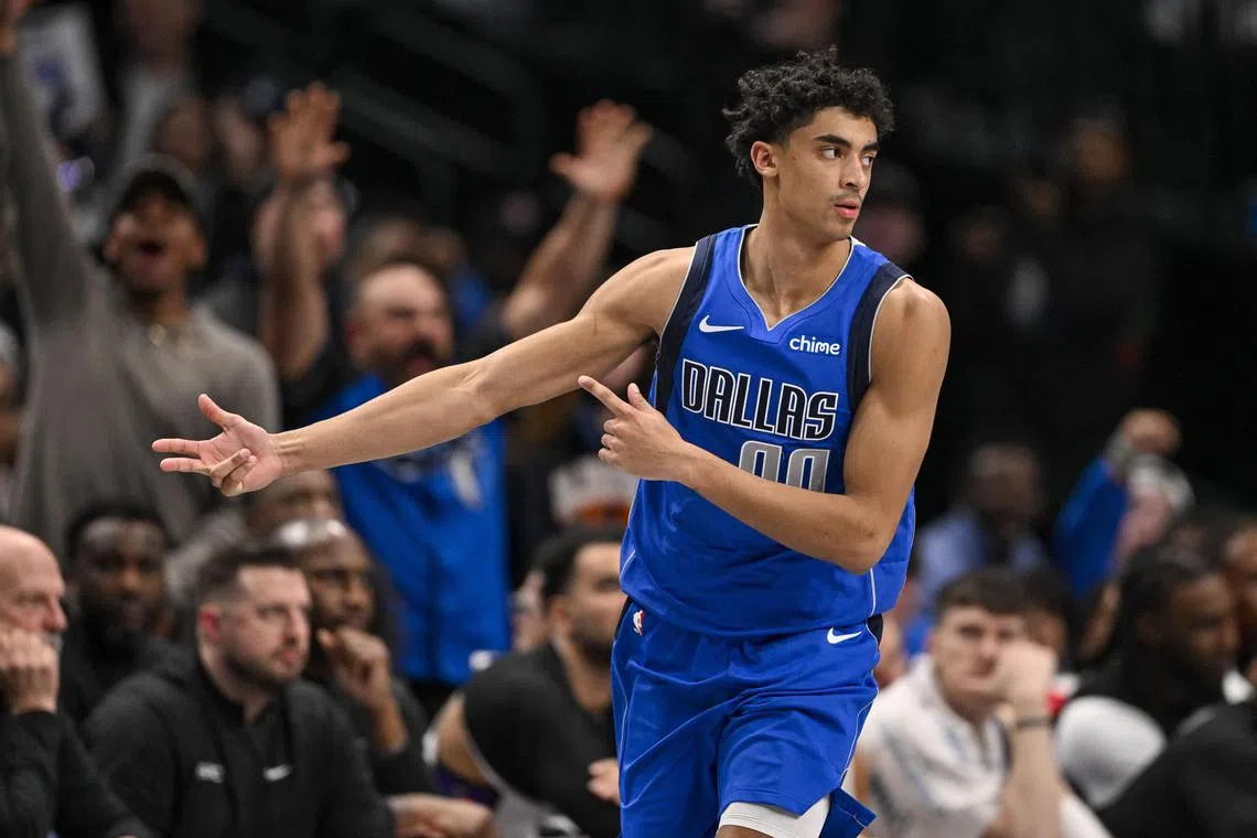 Dallas Mavericks guard Max Christie celebrating after making a three-point basket during overtime of a 129-128 NBA defeat by the Sacramento Kings at the American Airlines Centre on Feb 10.