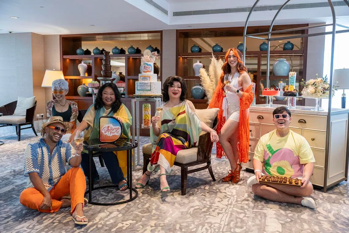 Director Selena Tan (third from left) with The Divorce Party! cast members (from left) Dwayne Lau, ⁠Eugenia Lee, Sebastian Tan, Sarah Smith and Andrew Marko.