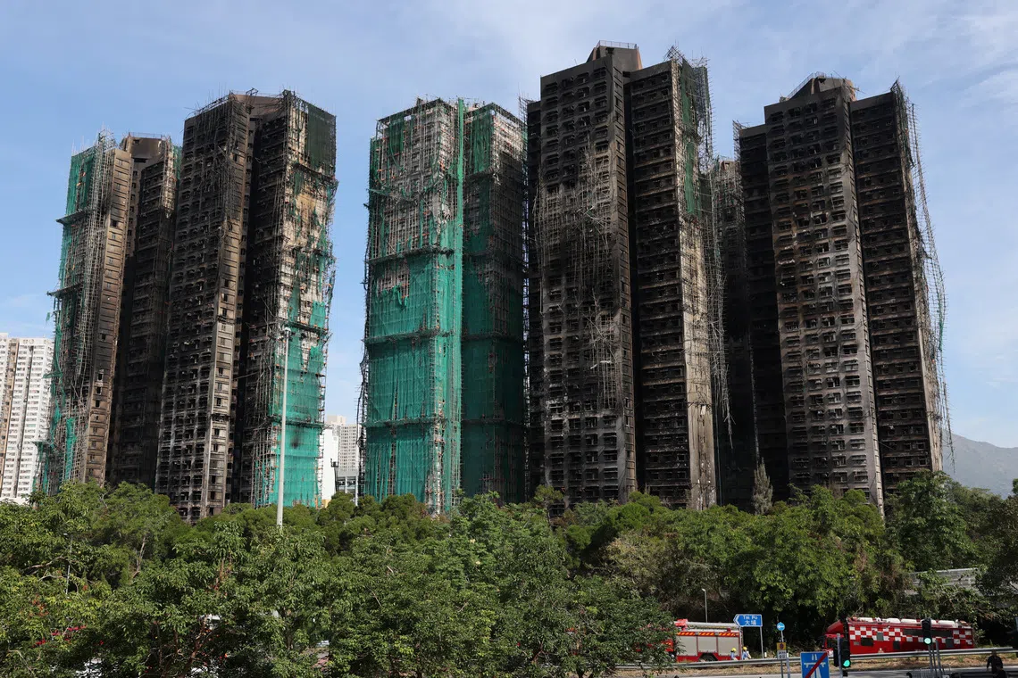 The charred buildings of Wang Fuk Court housing complex following a deadly fire, in Tai Po, Hong Kong, China, November 28, 2025. REUTERS/Tyrone Siu
