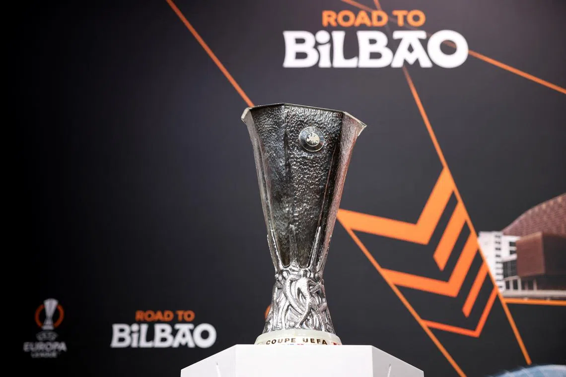 Soccer Football - Europa League - Round of 16, Quarter-Final, Semi-Final and Final draws - UEFA Headquarters, Nyon, Switzerland - February 21, 2025 The Europa League trophy is pictured ahead of the draw REUTERS/Pierre Albouy