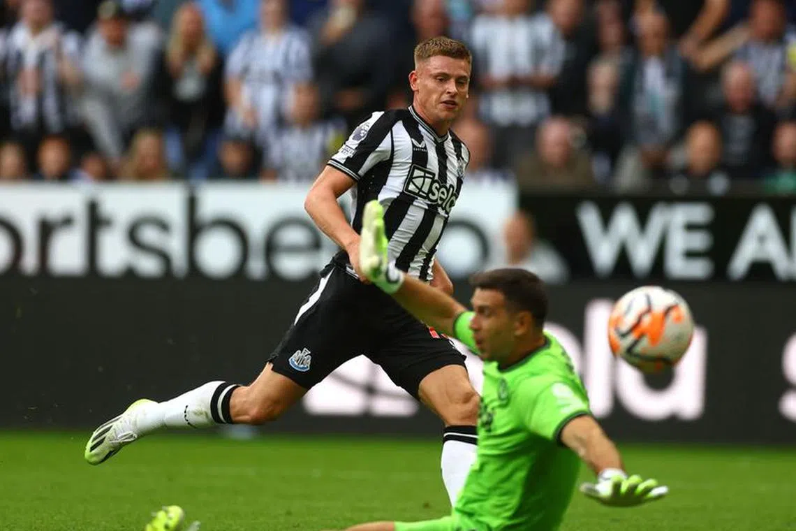 FILE PHOTO: Soccer Football - Premier League - Newcastle United v Aston Villa  - St James&#039; Park, Newcastle, Britain - August 12, 2023 Newcastle United&#039;s Harvey Barnes scores their fifth goal Action Images via Reuters/Lee Smith/File Photo