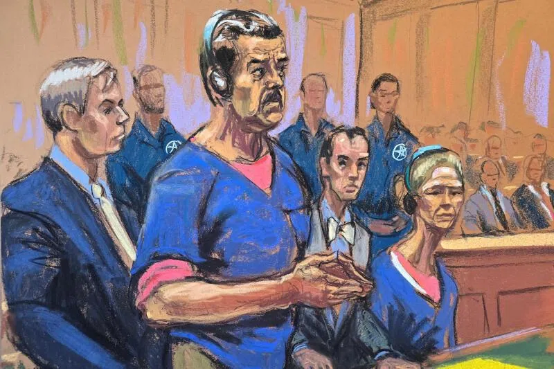 A sketch showing Nicolas Maduro and his wife Cilia Flores attending their arraignment with defence lawyers Barry Pollack and Mark Donnelly at the court.