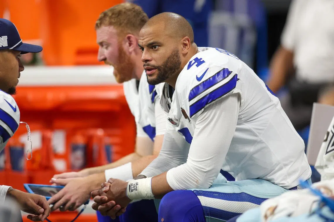 Nov 3, 2024; Atlanta, Georgia, USA; Dallas Cowboys quarterback Dak Prescott (4) on the bench against the Atlanta Falcons in the fourth quarter at Mercedes-Benz Stadium. Mandatory Credit: Brett Davis-Imagn Images/ File Photo