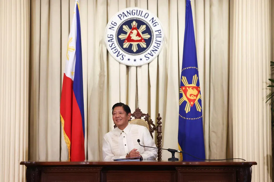 FILE PHOTO: Philippine President Ferdinand Marcos Jr. gestures as he speaks during a meeting with U.S. Secretary of State Antony Blinken and US Secretary of Defense Lloyd Austin at the Malacanang presidential palace in Manila, Philippines on Tuesday. July 30, 2024. Basilio Sepe/Pool via REUTERS/File Photo