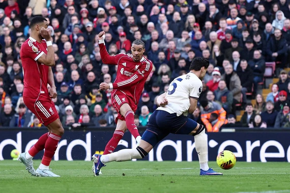 Soccer Football - Premier League - Liverpool v West Ham United - Anfield, Liverpool, Britain - February 28, 2026 Liverpool's Hugo Ekitike scores their first goal REUTERS/David Klein