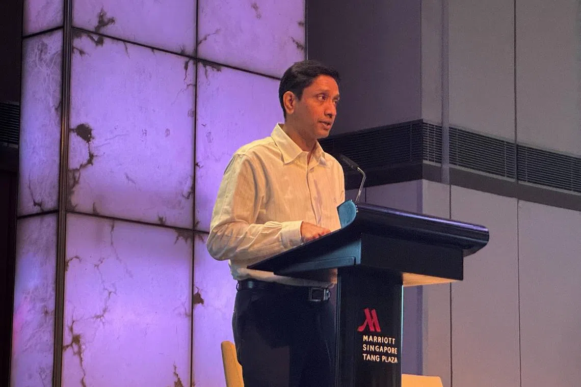 Minister of State for Manpower Dinesh Vasu Dash speaking at the inaugural Tripartite Connect 2025.
