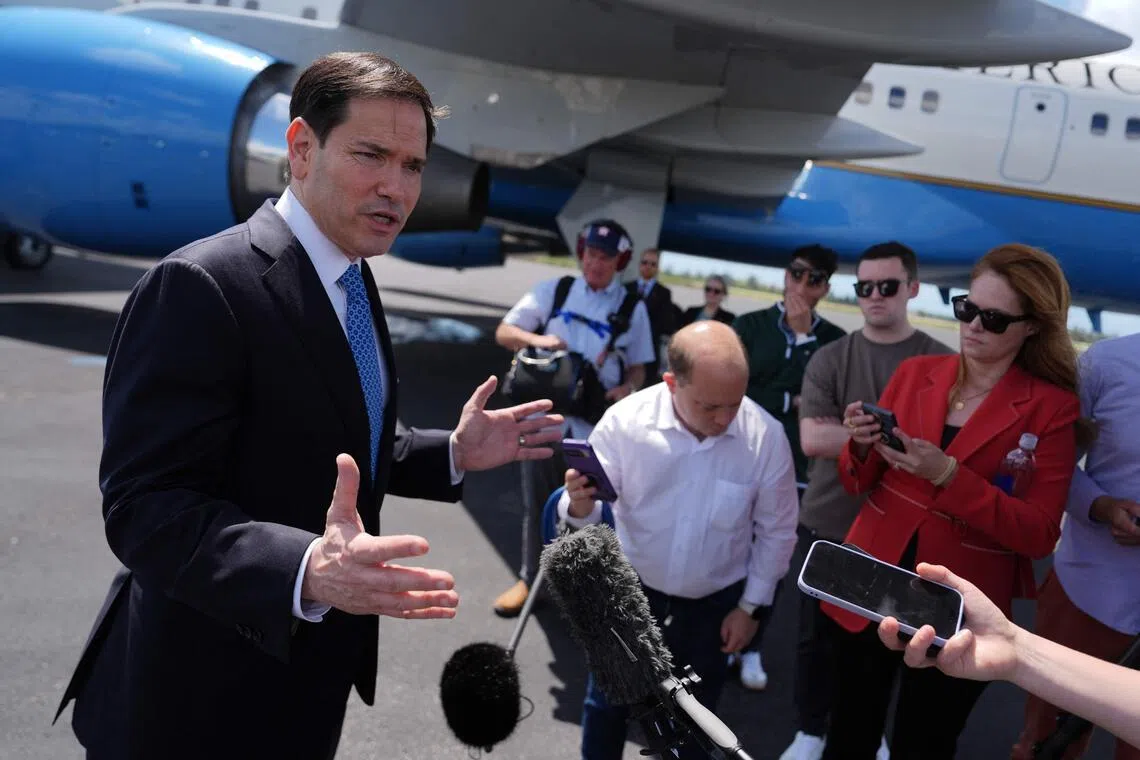 US Secretary of State Marco Rubio speaking to the press before boarding his plane on May 21 to travel to a meeting of NATO foreign ministers in Sweden.