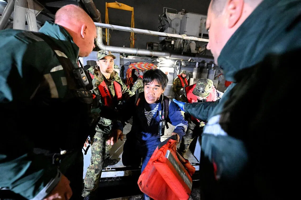Fourteen Filipinos and four Ukrainians were rescued from the vessel after it was hit by naval drones off the coast of Bulgaria.
