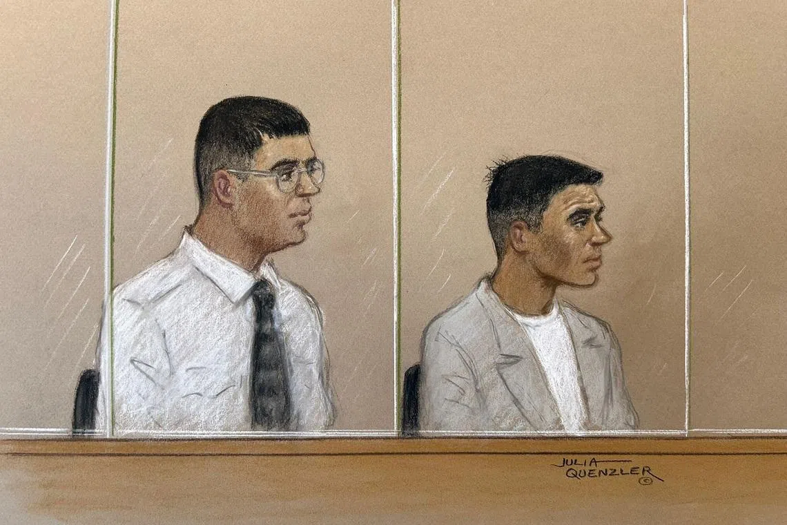 Nandito Badea and George Stana, two Romanian men accused of stabbing the Iran International journalist Pouria Zeraati near his home in Wimbledon in March 2024, appear at Woolwich Crown Court in London, Britain, May 18, 2026, in a courtroom sketch. REUTERS/Julia Quenzler