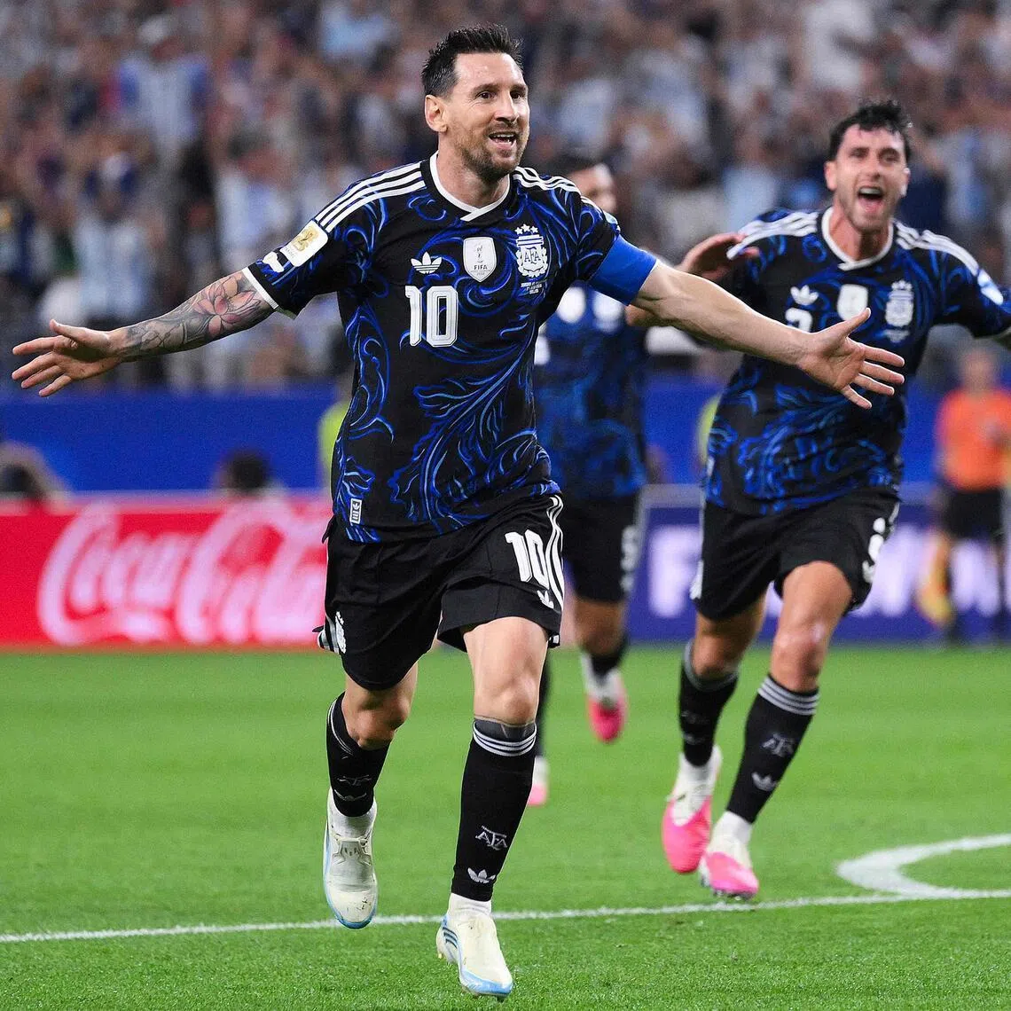 Lionel Messi celebrating after scoring Argentina’s third goal in the 3-1 group win over Jordan, as he takes his tally to a chart-topping six goals at this World Cup.