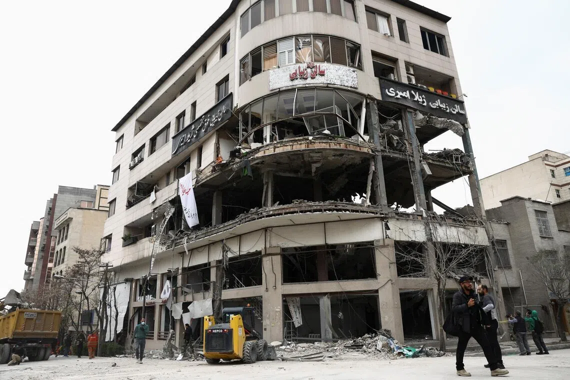 A building housing Qatar’s Al-Araby TV in Tehran, damaged by an Israeli strike on March 29.