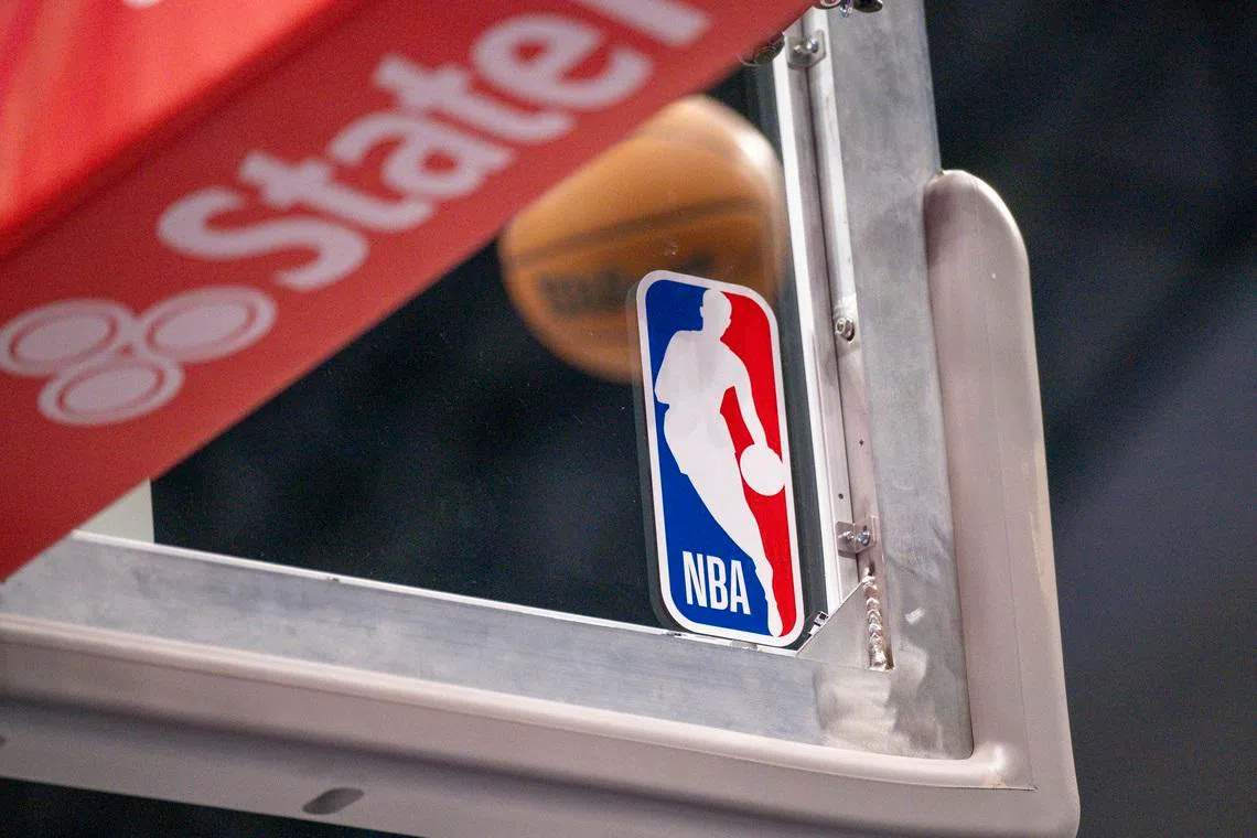Feb 5, 2026; Dallas, Texas, USA; A view a Wilson NBA basketball and logo during the game between the Mavericks and the Spurs at the American Airlines Center. Jerome Miron-Imagn Images/ File Photo