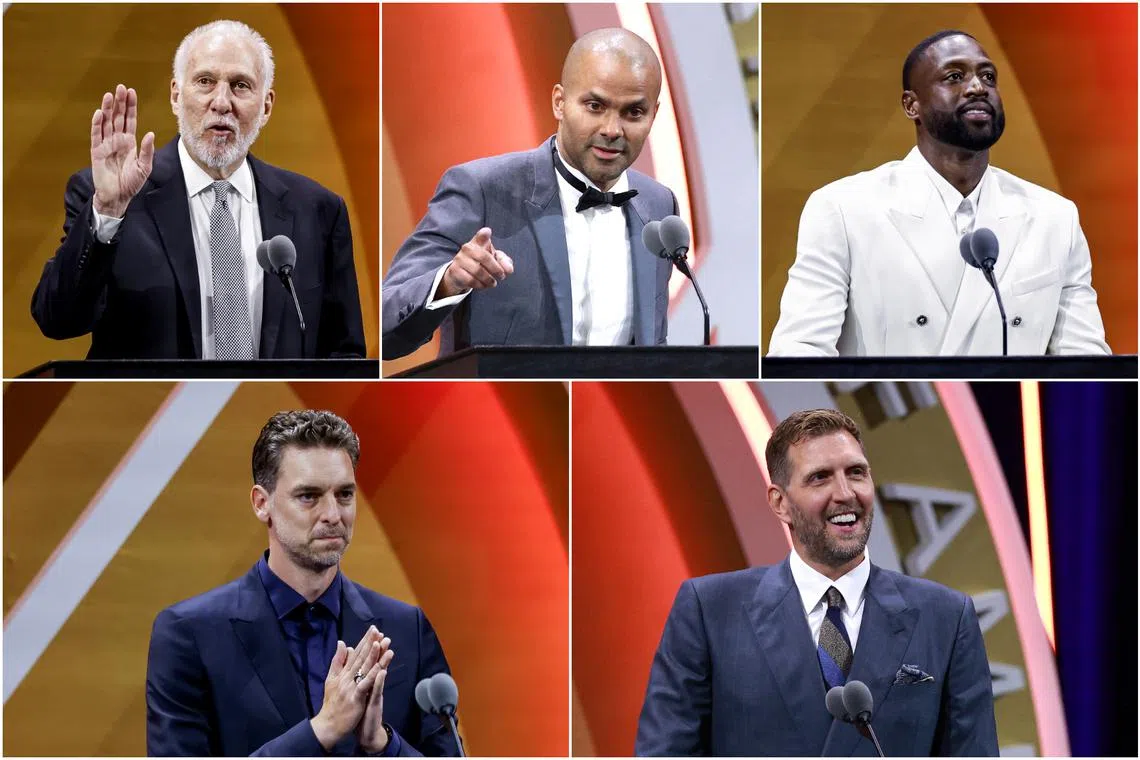 (Clockwise from top left) Gregg Popovich, Tony Parker, Dwyane Wade, Pau Gasol and Dirk Nowitzki during the 2023 Naismith Basketball Hall of Fame Induction on Aug 12.