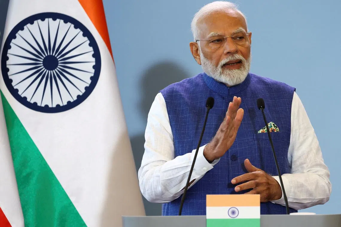 Indian Prime Minister Narendra Modi attends a press conference with Polish Prime Minister Donald Tusk (not pictured) at the Chancellery of the Prime Minister in Warsaw, Poland, August 22, 2024.REUTERS/Kacper Pempel/File Photo