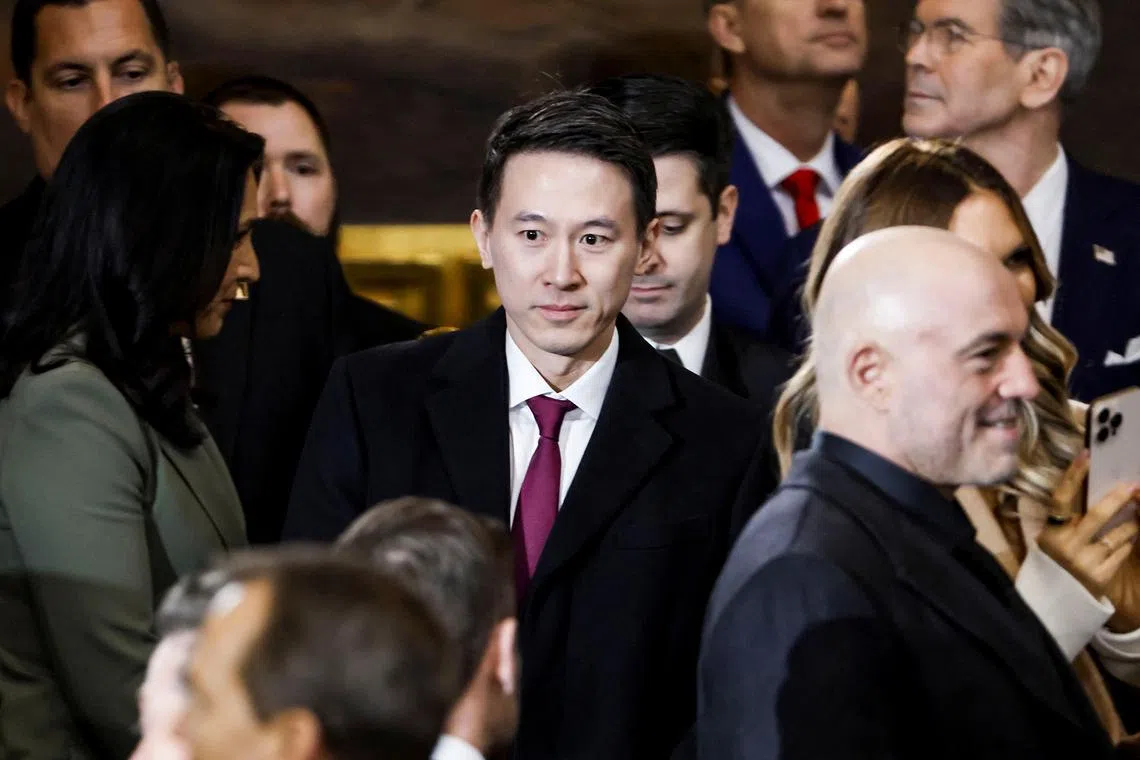 Shou Zi Chew (C), the CEO of TikTok, arrives to attend Donald Trump’s inauguration as the next President of the United States in the US Capitol Rotunda on Jan 20, 2025. 