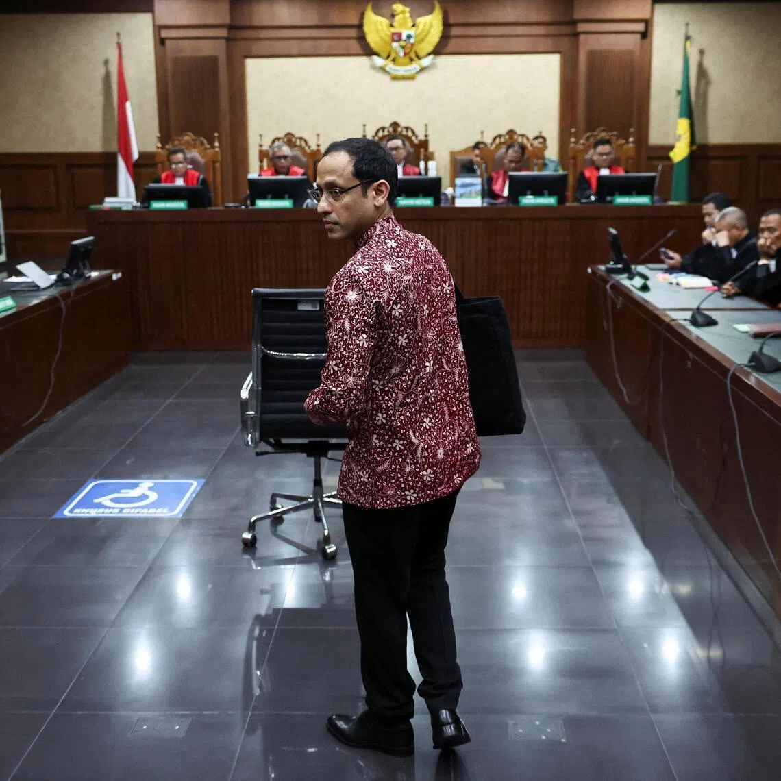 Nadiem Makarim arrives for a hearing over alleged corruption related to the procurement of Google Chromebook laptops at the Central Jakarta Court on May 13.