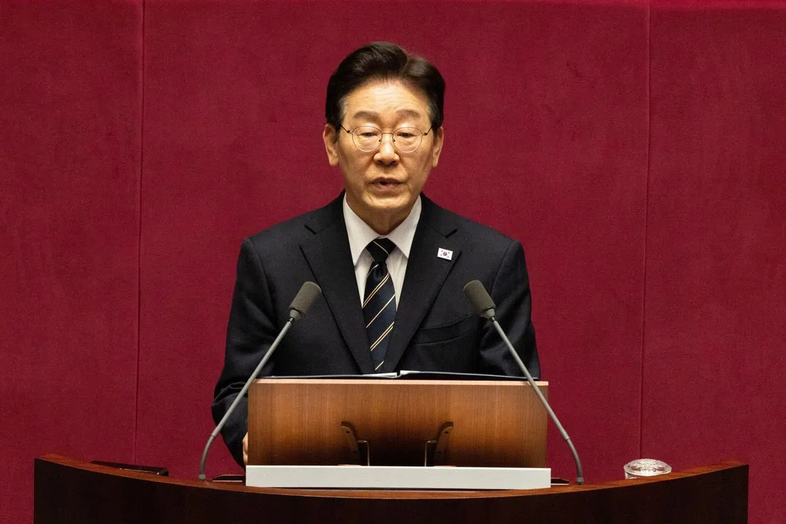 South Korean President Lee Jae Myung gives a speech on the Government's first supplemetary budget bill of 2026 at the National Assembly in Seoul, South Korea, 02 April 2026. JEON HEON-KYUN/Pool via REUTERS