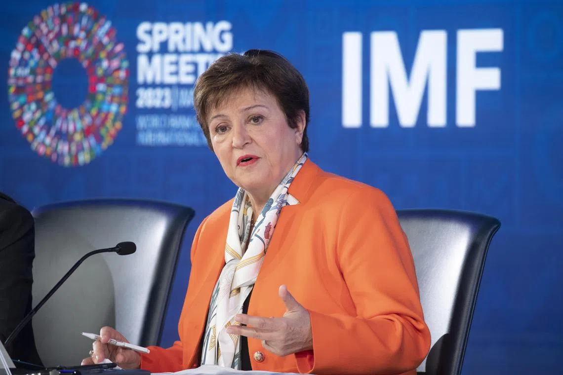 IMF chief Kristalina Georgieva answers media questions at the IMF's headquarters in Washington.