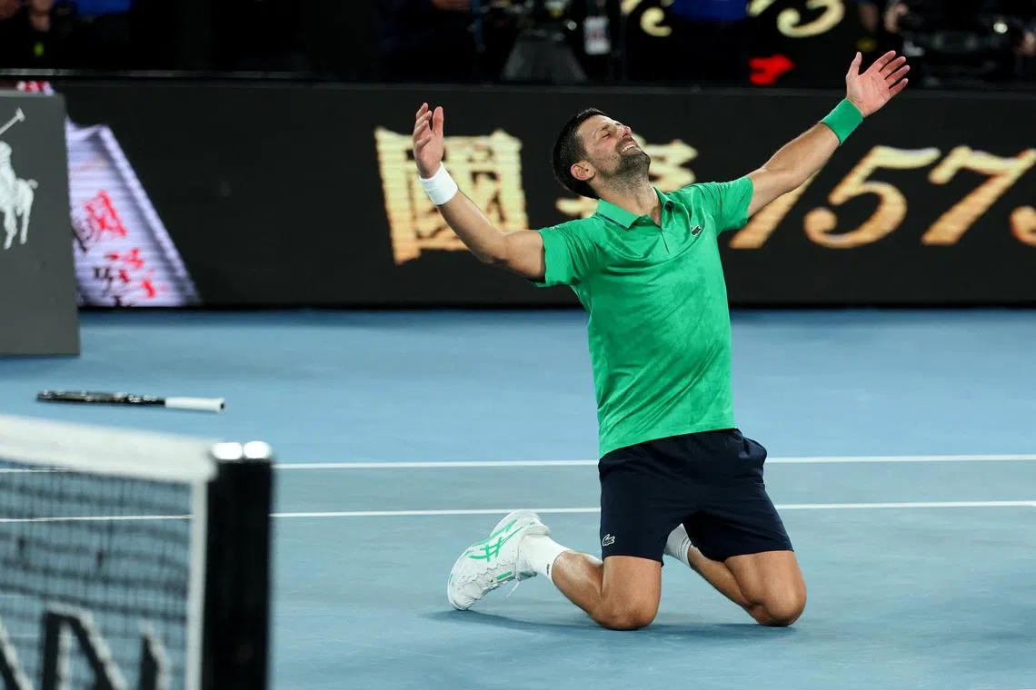 Tennis - Australian Open - Melbourne Park, Melbourne, Australia - January 31, 2026 Serbia's Novak Djokovic celebrates winning his semi final match against Italy's Jannik Sinner REUTERS/Edgar Su