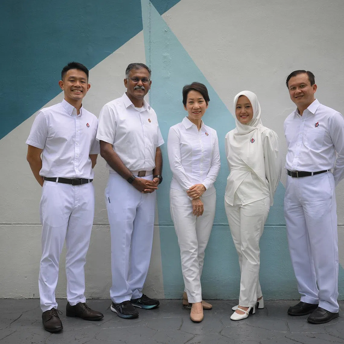 The PAP's Jurong East-Bukit Batok GRC candidates (from left) David Hoe, Murali Pillai, Grace Fu, Rahayu Mahzam and Lee Hong Chuang.