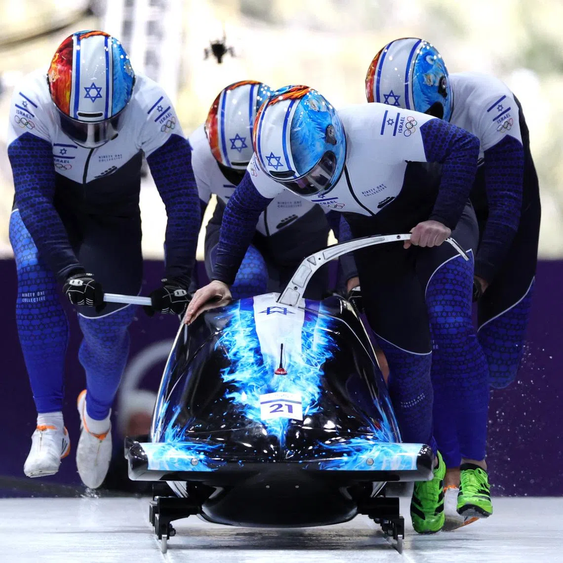 Milano Cortina 2026 Olympics - Bobsleigh - 4-man Heat 1 - Cortina Sliding Centre, Cortina d'Ampezzo, Italy - February 21, 2026. Adam Edelman of Israel, Menachem Chen of Israel, Uri Zisman of Israel, Omer Katz of Israel in action during Heat 1. REUTERS/Athit Perawongmetha