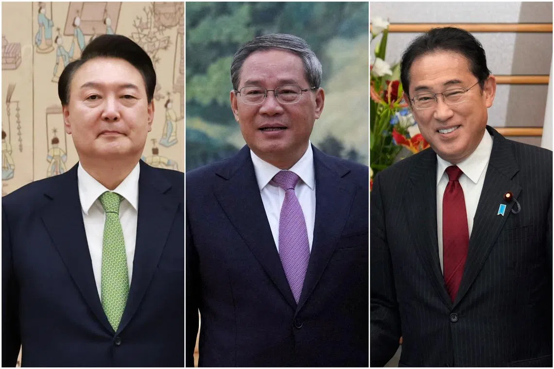 (From left) South Korean President Yoon Suk-yeol will have bilateral talks with Chinese Premier Li Qiang and Japanese Prime Minister Fumio Kishida on May 26, ahead of their trilateral summit.