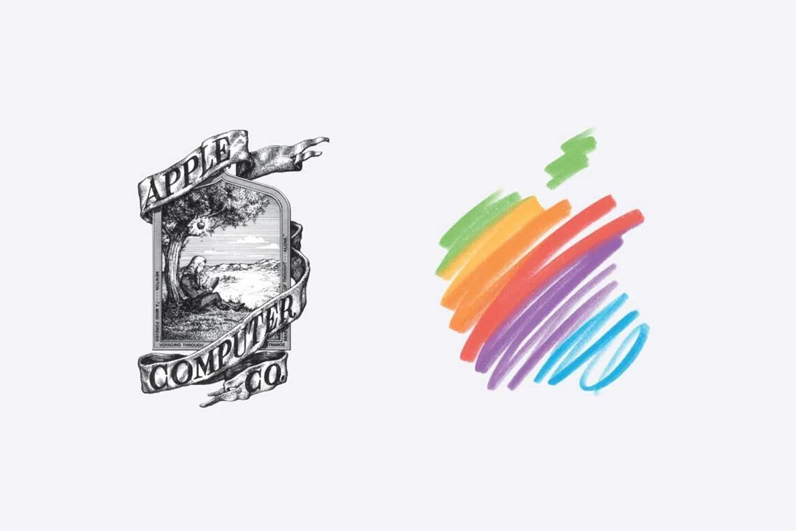 yhapple04 - First logo of Apple Inc from 1976 (left) and the logo used in their 50th Anniversary announcements (right).
Source: WIKIMEDIA COMMONS, APPLE