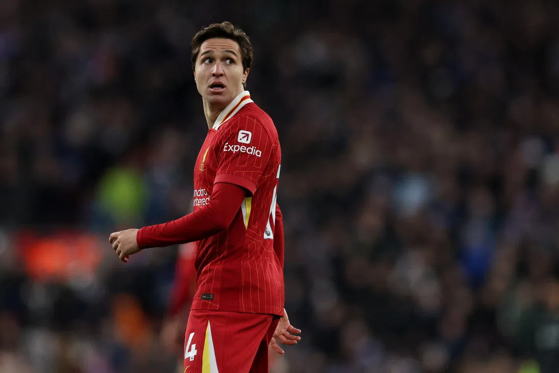 Soccer Football - Premier League - Liverpool v Ipswich Town - Anfield, Liverpool, Britain - January 25, 2025 Liverpool's Federico Chiesa during the match REUTERS/Phil Noble