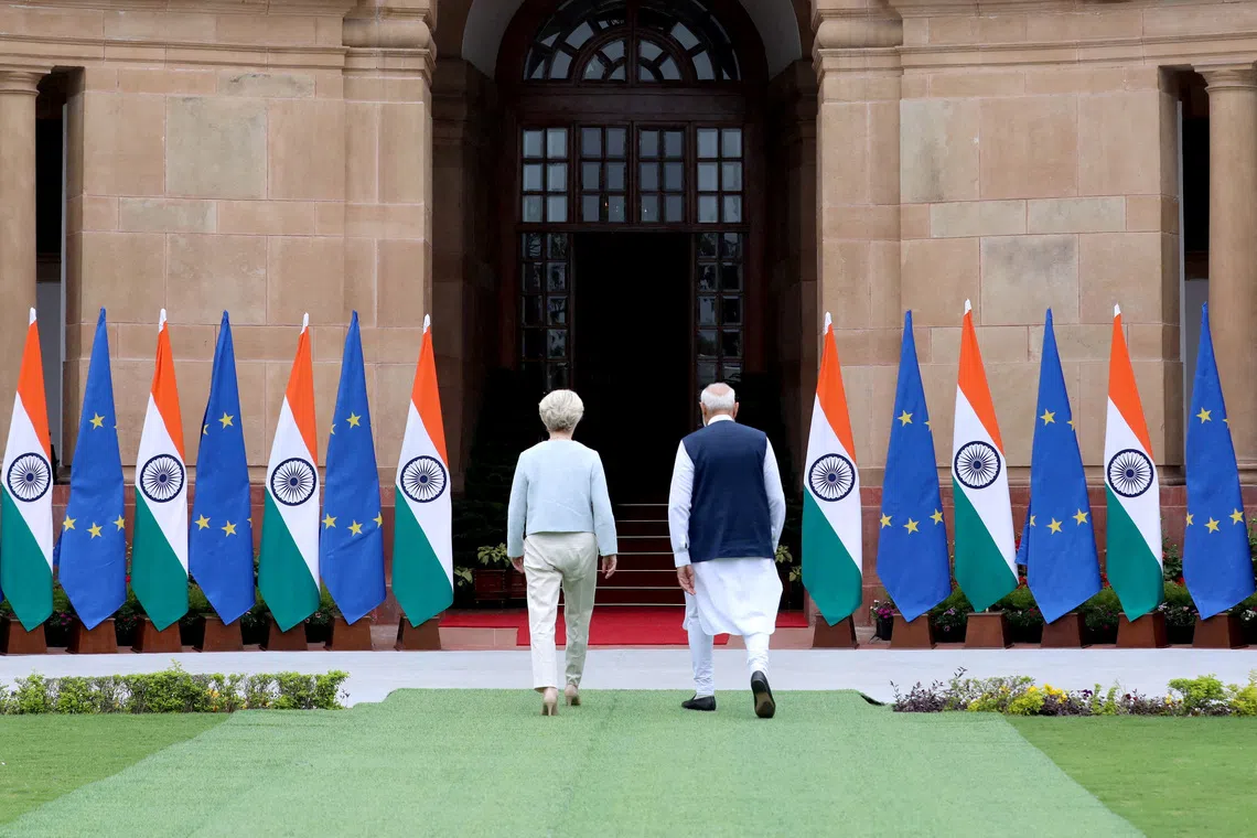 European Commission president Ursula von der Leyen (left) and Indian Prime Minister Narendra Modi before their meeting in New Delhi in February.