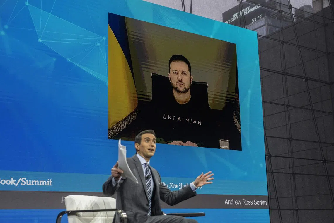 Ukrainian President Volodymyr Zelensky joins Andrew Ross Sorkin via video link at The New York Times’ DealBook Summit 2022.