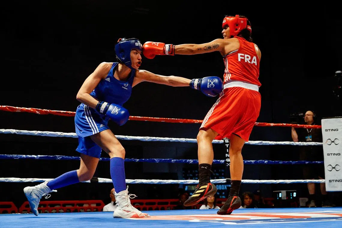 Maelys Richol (in blue) fighting fellow French boxer Emilie Sonvico in the elite female 66kg category on April 16, 2024 in Pueblo, Colorado in the US.