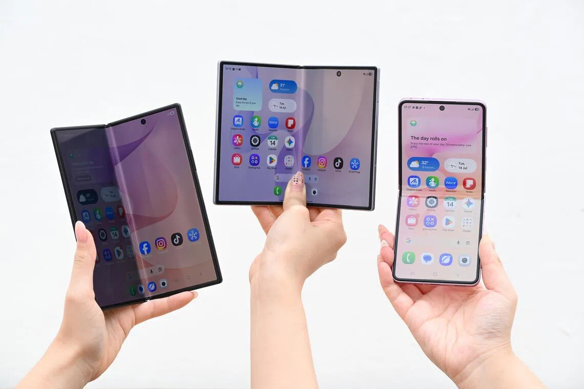 Samsung’s new foldable phones are (from left) the Galaxy Z Fold8 Ultra, Galaxy Z Fold8 and Galaxy Z Flip8.