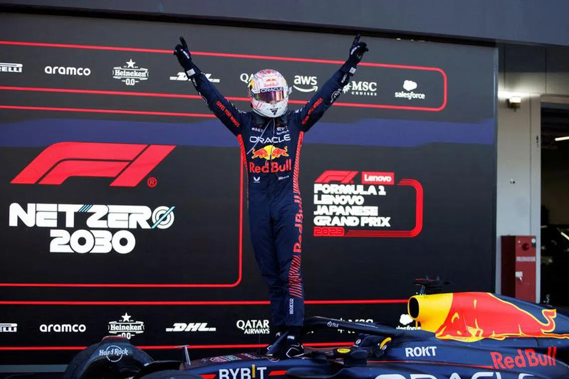 FILE PHOTO: Formula One F1 - Japanese Grand Prix - Suzuka Circuit, Suzuka, Japan - September 24, 2023 Red Bull's Max Verstappen celebrates after winning the Japanese Grand Prix REUTERS/Androniki Christodoulou/File Photo
