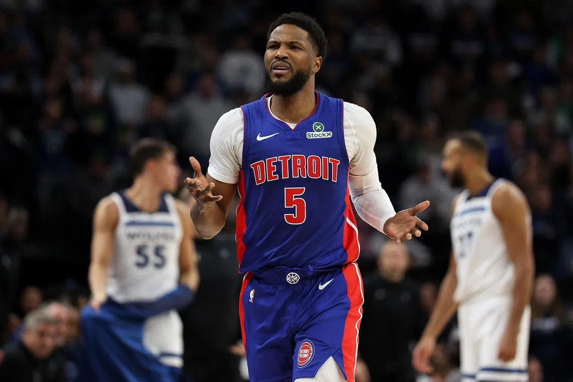 Mar 30, 2025; Minneapolis, Minnesota, USA; Detroit Pistons guard Malik Beasley (5) reacts during the second quarter against the Minnesota Timberwolves at Target Center. Mandatory Credit: Matt Krohn-Imagn Images