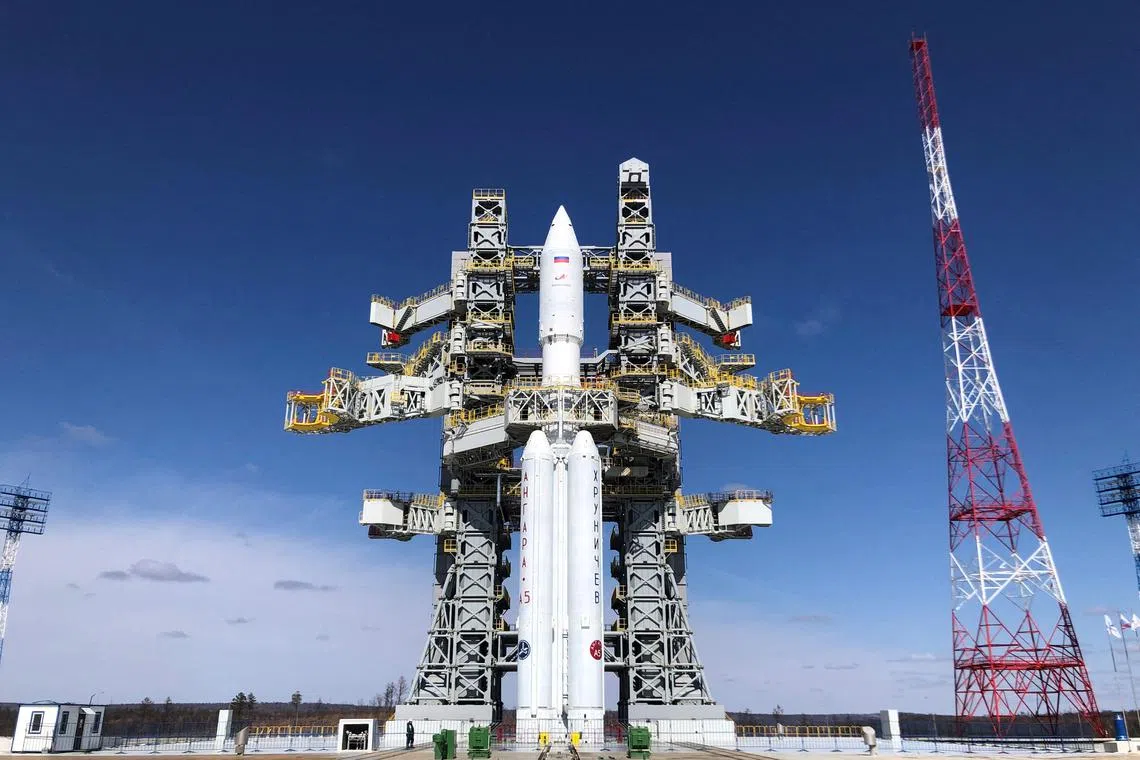 FILE PHOTO: The Angara-A5 rocket is seen on its launchpad at the Vostochny Cosmodrome in the far eastern Amur region, Russia, April 8, 2024. Roscosmos/Handout via REUTERS  THIS IMAGE HAS BEEN SUPPLIED BY A THIRD PARTY. MANDATORY CREDIT./File Photo