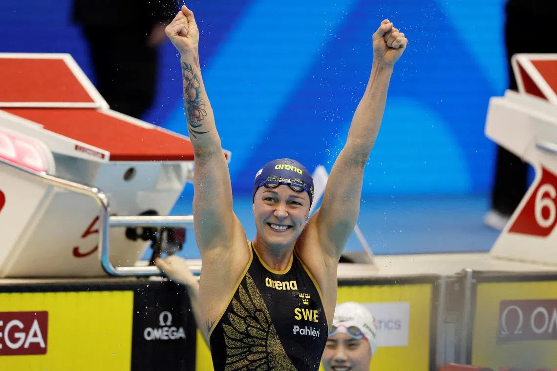 Sweden's Sarah Sjostrom reacts after setting a new world record in the women's 50m freestyle semi final.