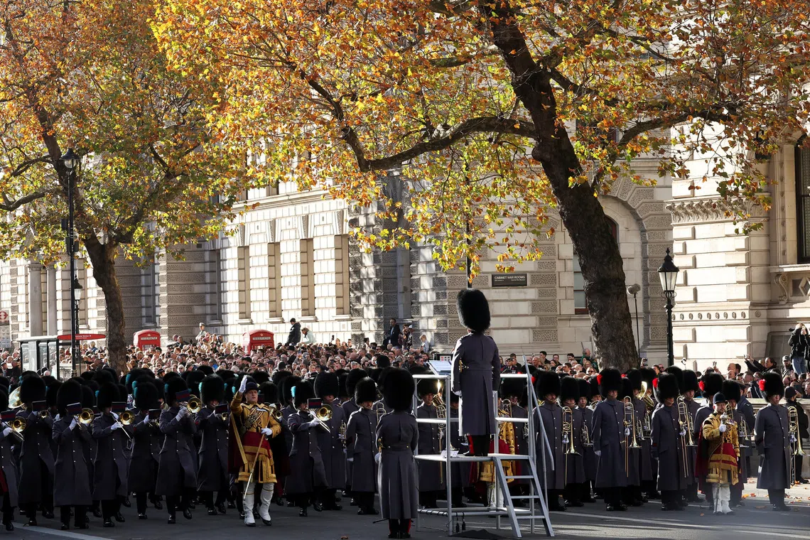 Members of the military marching bands perform at the beginning of the Remembrance Sunday ceremony at The Cenotaph on Whitehall in London, Britain, November 9, 2025. REUTERS/Toby Melville/Pool