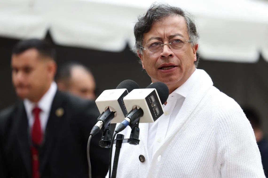 Colombian President Gustavo Petro speaks during a press conference after casting his vote in congressional elections and party primaries for presidential candidate, in Bogota, Colombia March 8, 2026. REUTERS/Luisa Gonzalez
